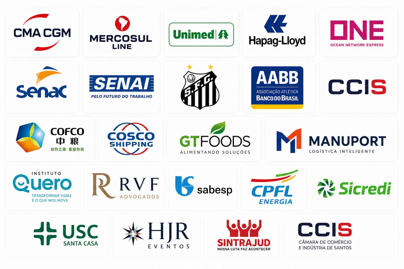 Logos de empresas clientes da Zero Treze: CMA CGM, Mercosul Line, Unimed, Hapag-Lloyd, ONE, Senac, Senai, Santos FC, AABB, CCIS, COFCO, COSCO Shipping, GT Foods, Manuport, Instituto Quero, RVF Advogados, Sabesp, CPFL Energia, Sicredi, USC Santa Casa, HJR Eventos, Sintrajud