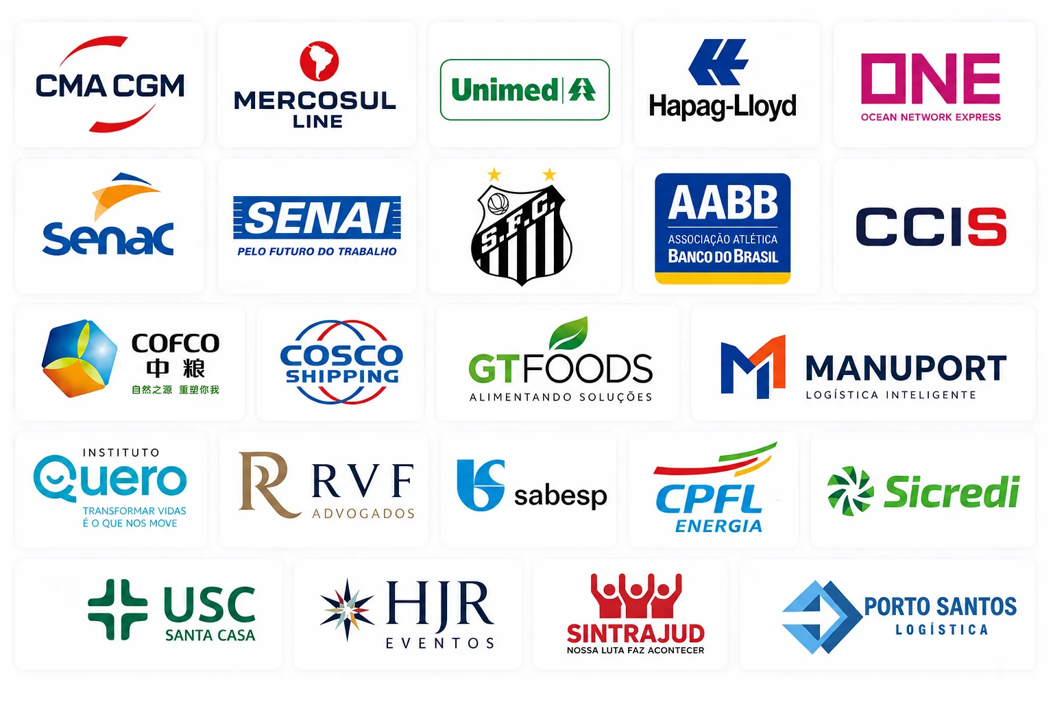 Logos de empresas clientes da Zero Treze: CMA CGM, Mercosul Line, Unimed, Hapag-Lloyd, ONE, Senac, Senai, Santos FC, AABB, CCIS, COFCO, COSCO Shipping, GT Foods, Manuport, Instituto Quero, RVF Advogados, Sabesp, CPFL Energia, Sicredi, USC Santa Casa, HJR Eventos, Sintrajud, Porto Santos Logística